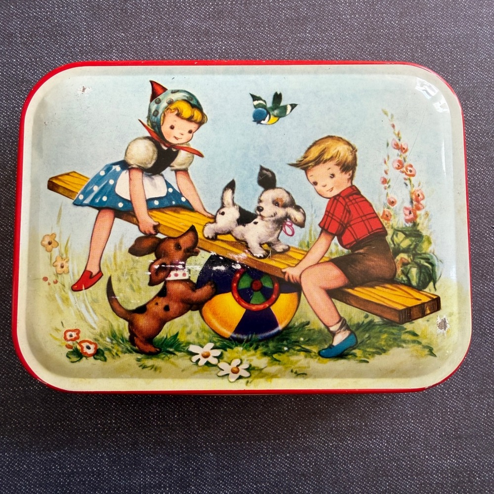 Vintage Thorne's Toffee Tin Leeds England Children Seesaw Puppies Illustration